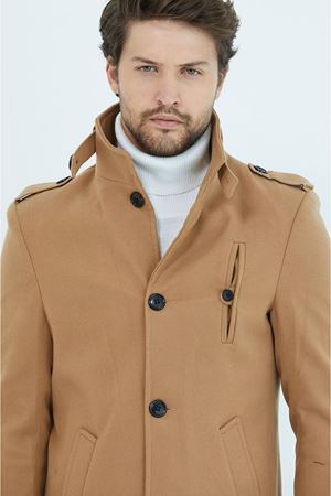 580-Slimfit Kesim Erkek Ezel Yaka Diz Üstü Kaşe Kaban-VİZON