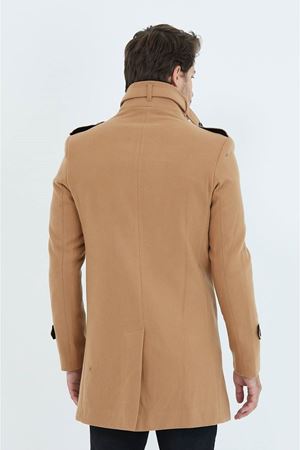 580-Slimfit Kesim Erkek Ezel Yaka Diz Üstü Kaşe Kaban-VİZON