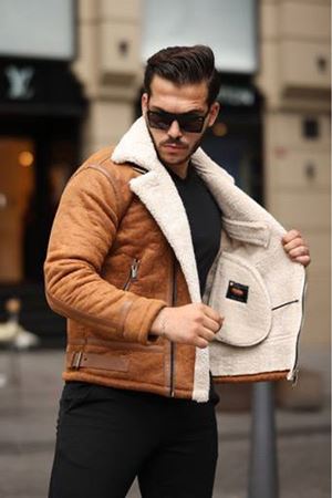 1054-Slimfit Kesim Erkek Yan Fermuarlı Kürk Yaka Süet Deri Mont-TABA