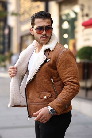 1054-Slimfit Kesim Erkek Yan Fermuarlı Kürk Yaka Süet Deri Mont-TABA