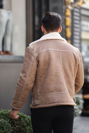 1054-Slimfit Kesim Erkek Yan Fermuarlı Kürk Yaka Süet Deri Mont-VİZON