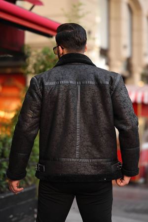 1050-Slimfit Kesim Erkek Kürk Yaka Düz Fermuarlı Süet Deri Mont-SİYAH