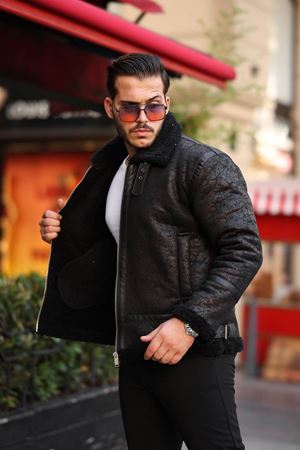 1050-Slimfit Kesim Erkek Kürk Yaka Düz Fermuarlı Süet Deri Mont-SİYAH