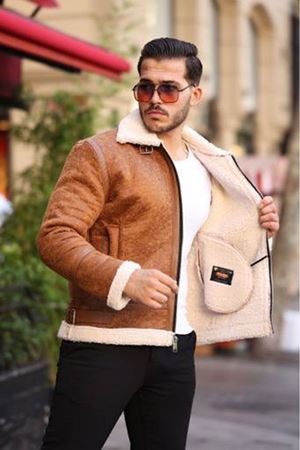 1050-Slimfit Kesim Erkek Kürk Yaka Düz Fermuarlı Süet Deri Mont-TABA