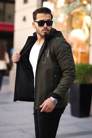 1037-Slimfit Kesim Erkek Kapşonlu Su Gecirmez Softjel Kumaş Mont-HAKİ