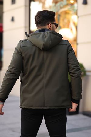 1037-Slimfit Kesim Erkek Kapşonlu Su Gecirmez Softjel Kumaş Mont-HAKİ
