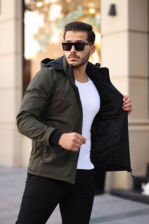 1037-Slimfit Kesim Erkek Kapşonlu Su Gecirmez Softjel Kumaş Mont-HAKİ