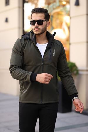 1037-Slimfit Kesim Erkek Kapşonlu Su Gecirmez Softjel Kumaş Mont-HAKİ