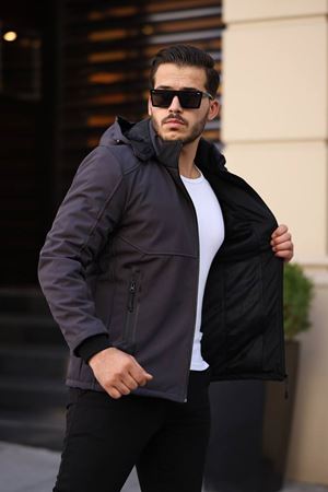 1037-Slimfit Kesim Erkek Kapşonlu Su Gecirmez Softjel Kumaş Mont-GRİ