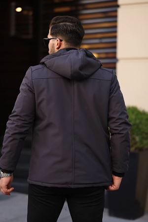 1037-Slimfit Kesim Erkek Kapşonlu Su Gecirmez Softjel Kumaş Mont-GRİ