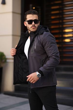 1037-Slimfit Kesim Erkek Kapşonlu Su Gecirmez Softjel Kumaş Mont-GRİ