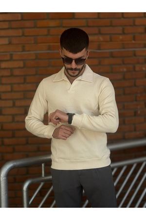 Slimfit Kesim Erkek Yakalı Zincir Örgü Duz Desen Triko Kazak-EKRU