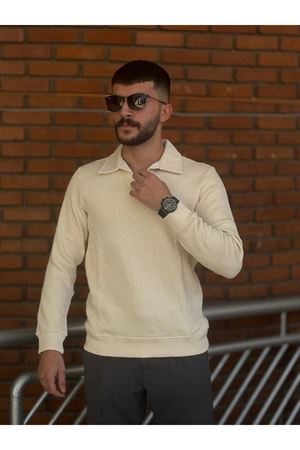 Slimfit Kesim Erkek Yakalı Zincir Örgü Duz Desen Triko Kazak-EKRU