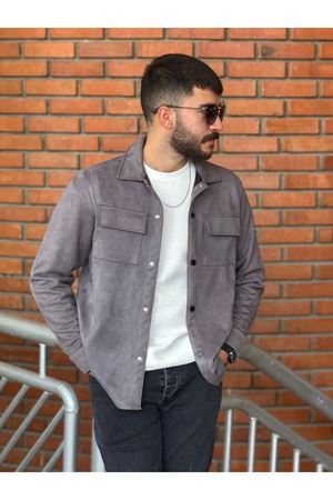Slimfit Kesim Erkek Çift Cepli Süet Gömlek-GRİ