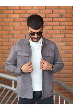 Slimfit Kesim Erkek Çift Cepli Süet Gömlek-GRİ