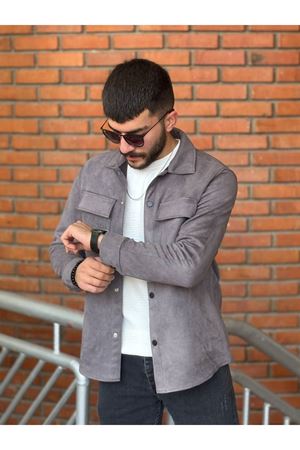 Slimfit Kesim Erkek Çift Cepli Süet Gömlek-GRİ