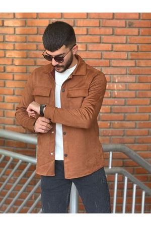Slimfit Kesim Erkek Çift Cepli Süet Gömlek-TABA