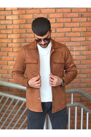 Slimfit Kesim Erkek Çift Cepli Süet Gömlek-TABA