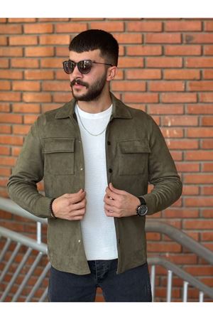 Slimfit Kesim Erkek Çift Cepli Süet Gömlek-HAKİ