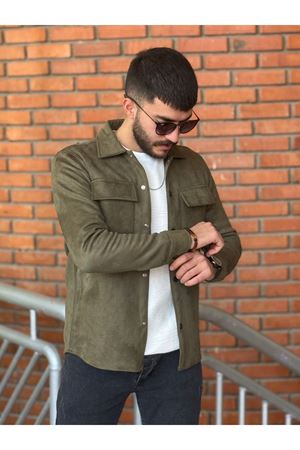 Slimfit Kesim Erkek Çift Cepli Süet Gömlek-HAKİ