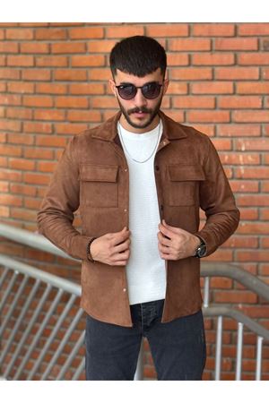 Slimfit Kesim Erkek Çift Cepli Süet Gömlek-KAHVE