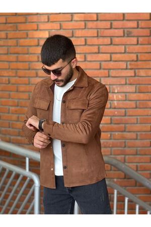 Slimfit Kesim Erkek Çift Cepli Süet Gömlek-KAHVE