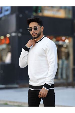 Slimfit Kesim Erkek Sıfır Yaka Kol Ribanalı Duz Desen Sweatshirt-BEYAZ