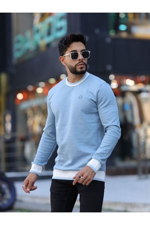 Slimfit Kesim Erkek Sıfır Yaka Kol Ribanalı Duz Desen Sweatshirt-MAVİ