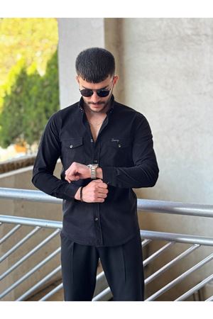 Slimfit Kesim Erkek Kadife Kumas Cift Cepli Gömlek-SİYAH