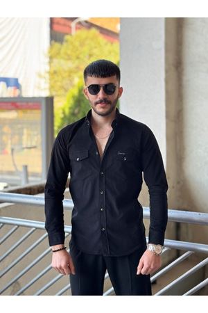 Slimfit Kesim Erkek Kadife Kumas Cift Cepli Gömlek-SİYAH