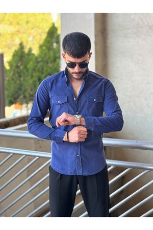 Slimfit Kesim Erkek Kadife Kumas Cift Cepli Gömlek-SAKS