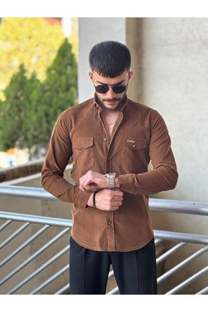Slimfit Kesim Erkek Kadife Kumas Cift Cepli Gömlek-KAHVE