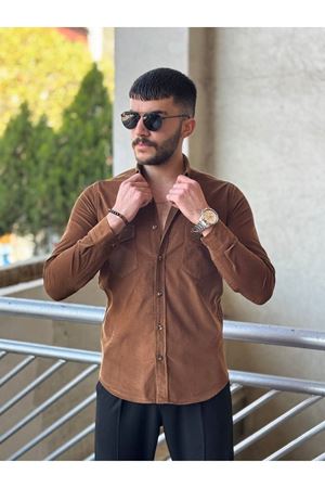Slimfit Kesim Erkek Kadife Kumas Cift Cepli Gömlek-KAHVE