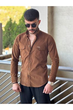 Slimfit Kesim Erkek Kadife Kumas Cift Cepli Gömlek-KAHVE