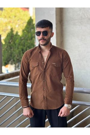 Slimfit Kesim Erkek Kadife Kumas Cift Cepli Gömlek-KAHVE