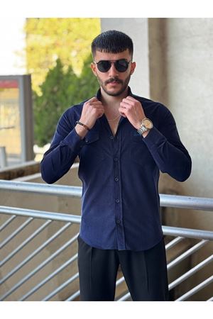 Slimfit Kesim Erkek Kadife Kumas Cift Cepli Gömlek-LACİVERT