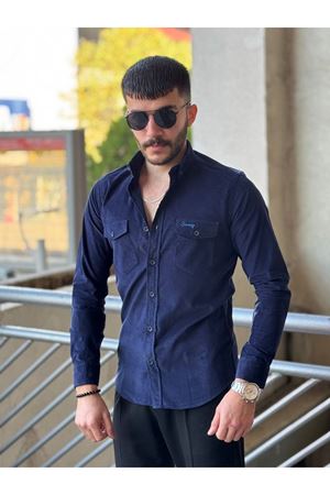 Slimfit Kesim Erkek Kadife Kumas Cift Cepli Gömlek-LACİVERT