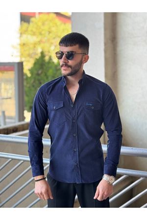 Slimfit Kesim Erkek Kadife Kumas Cift Cepli Gömlek-LACİVERT