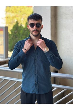 Slimfit Kesim Erkek Kadife Kumas Cift Cepli Gömlek-INDIGO