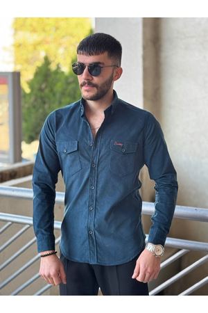 Slimfit Kesim Erkek Kadife Kumas Cift Cepli Gömlek-INDIGO