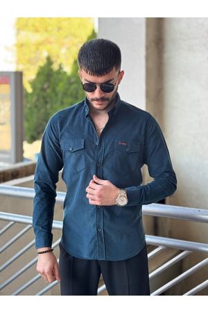 Slimfit Kesim Erkek Kadife Kumas Cift Cepli Gömlek-INDIGO