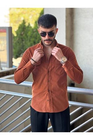 Slimfit Kesim Erkek Kadife Kumas Cift Cepli Gömlek-KIREMIT