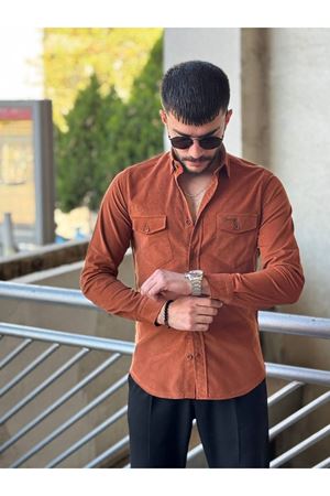 Slimfit Kesim Erkek Kadife Kumas Cift Cepli Gömlek-KIREMIT