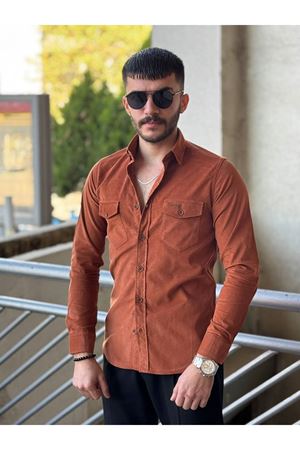 Slimfit Kesim Erkek Kadife Kumas Cift Cepli Gömlek-KIREMIT