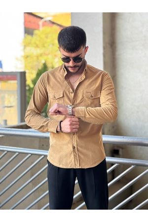 Slimfit Kesim Erkek Kadife Kumas Cift Cepli Gömlek-VİZON