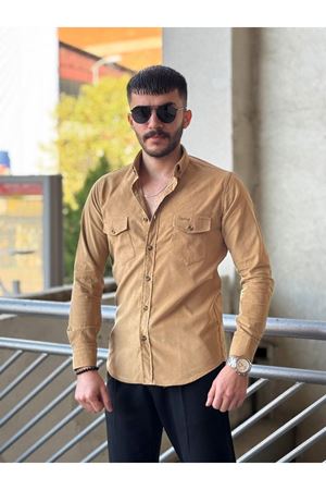 Slimfit Kesim Erkek Kadife Kumas Cift Cepli Gömlek-VİZON