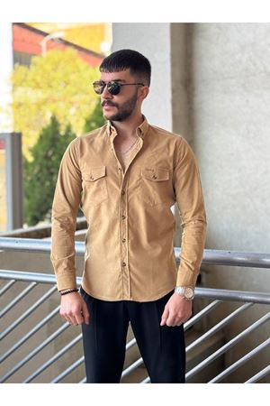 Slimfit Kesim Erkek Kadife Kumas Cift Cepli Gömlek-VİZON