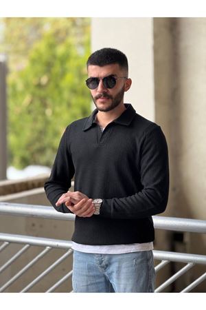 Slimfit Kesim Erkek Yakalı Düz Desen Örme Triko Kazak-SİYAH