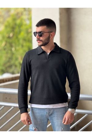 Slimfit Kesim Erkek Yakalı Düz Desen Örme Triko Kazak-SİYAH