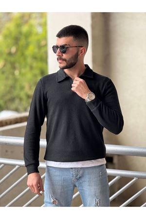 Slimfit Kesim Erkek Yakalı Düz Desen Örme Triko Kazak-SİYAH